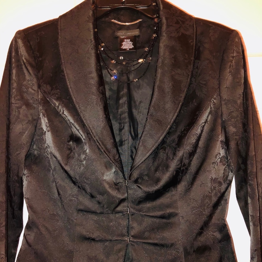 Guess black satin/jacquard jacket & miniskirt